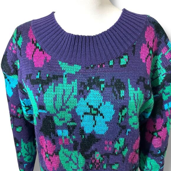 Vintage wool blend Purple and green bright retro floral Crew Neck Sweater padded - Picture 3 of 8